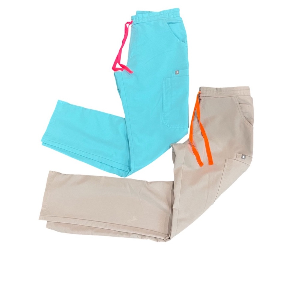 Figs Women's Scrub Pants Set — Aqua & Khaki with Pink and Orange Drawstrings